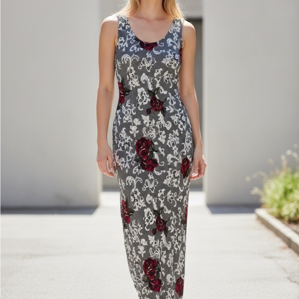 MARY MCFADDEN Vintage 90s slip dress rose alt Grunge maxi long lace print sexy